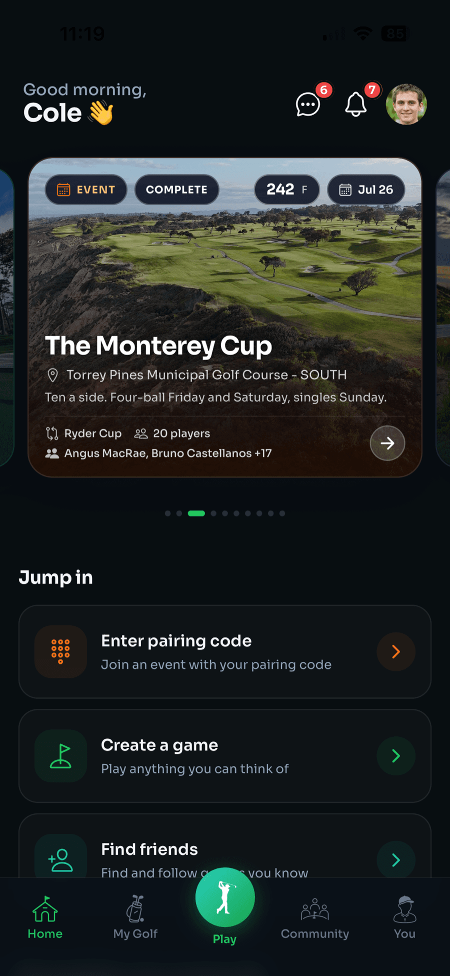 GolfXI mobile home showing a completed Ryder Cup event and quick play actions