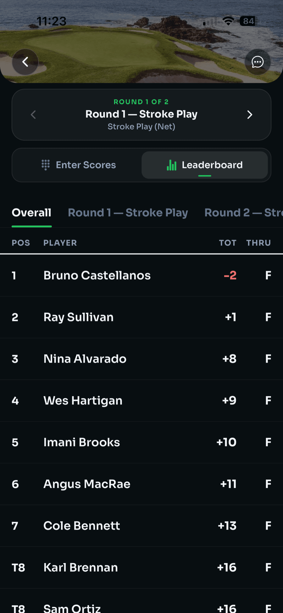 GolfXI mobile live event leaderboard with round and overall standings