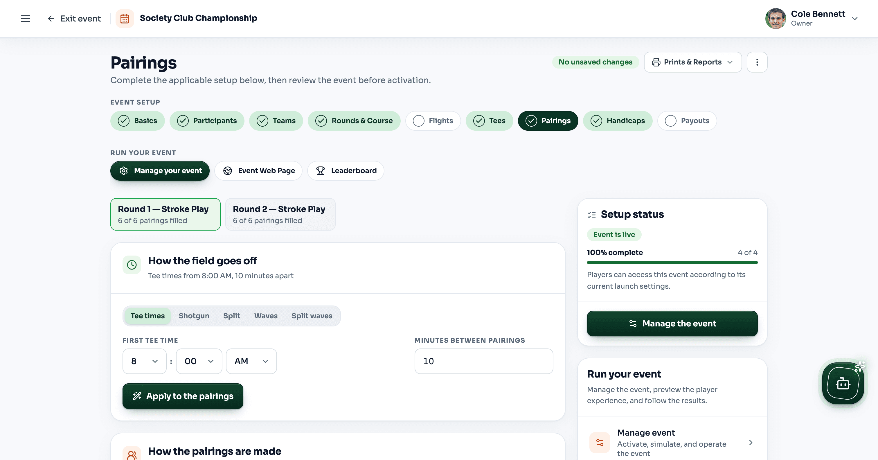 GolfXI pairings step with tee times, waves, and groups in light mode