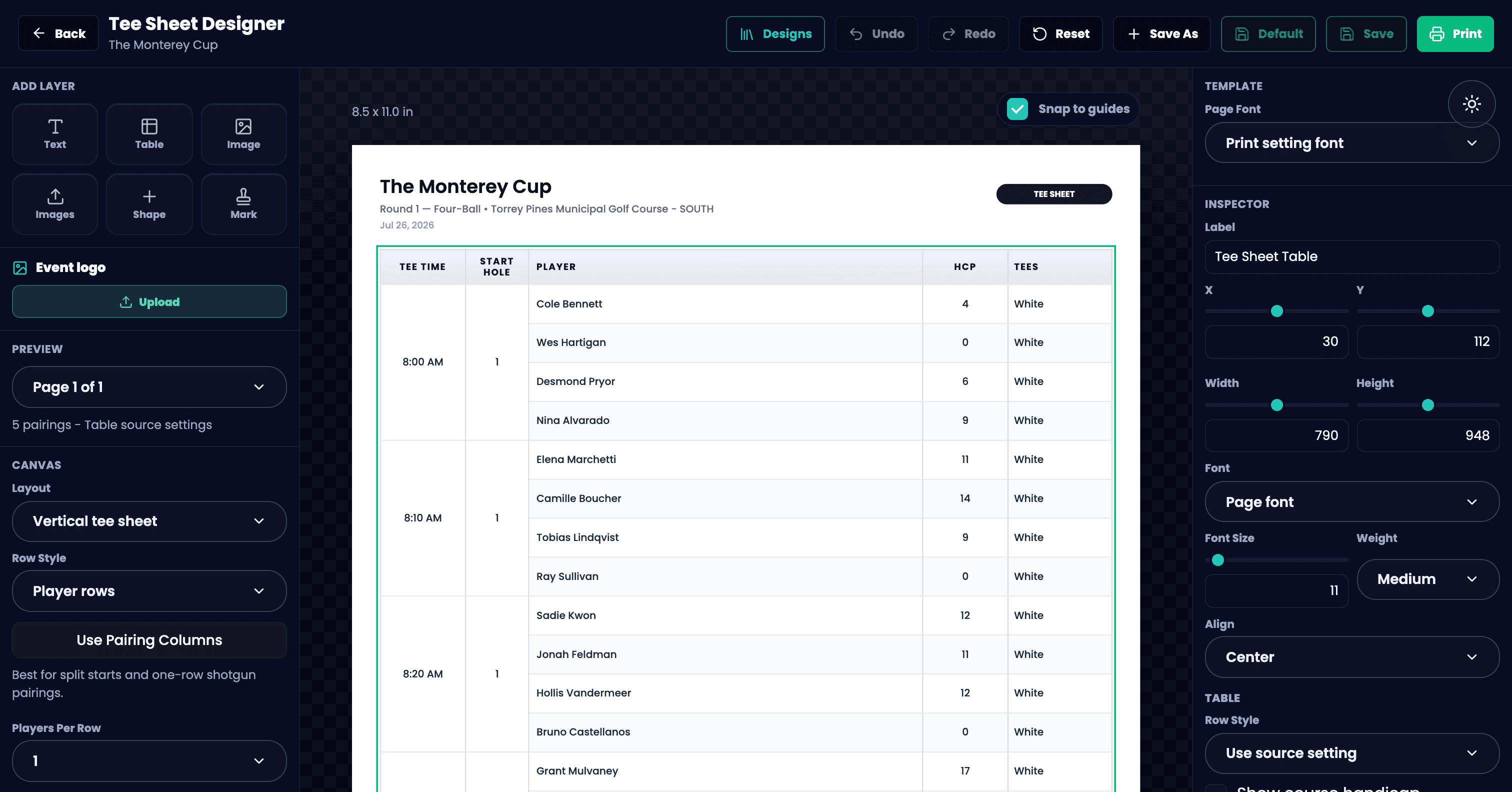 GolfXI tee sheet designer screenshot in dark mode