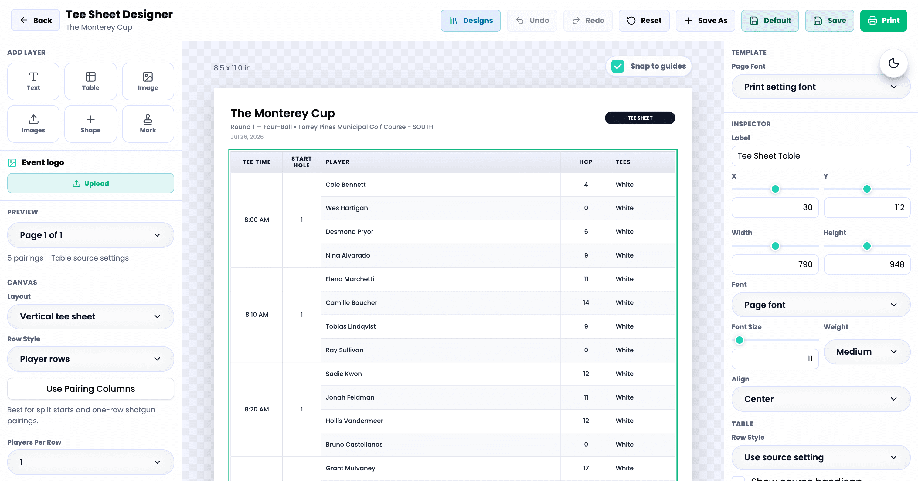 GolfXI tee sheet designer screenshot in light mode