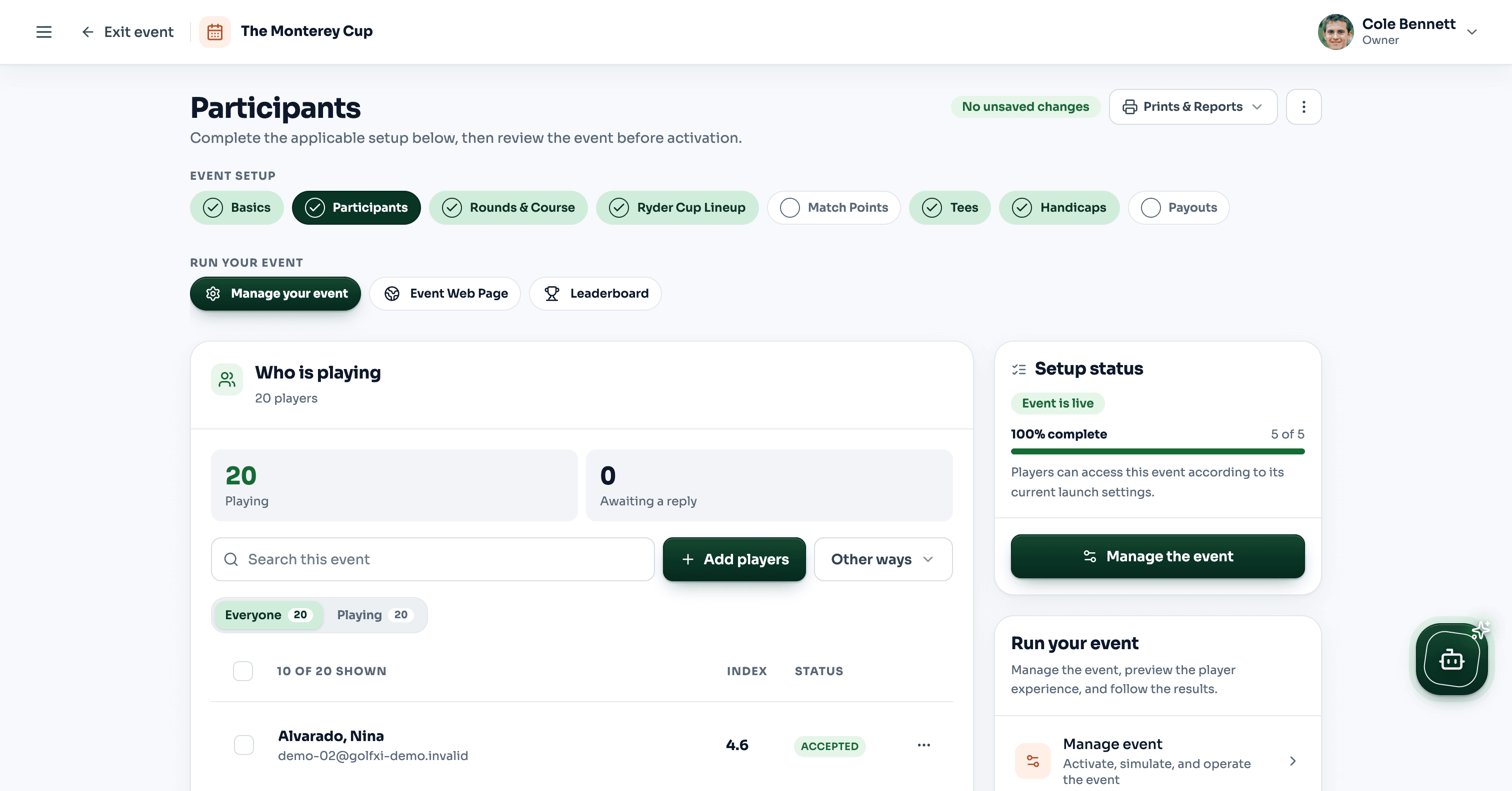 GolfXI trip participant and event planning workspace in light mode