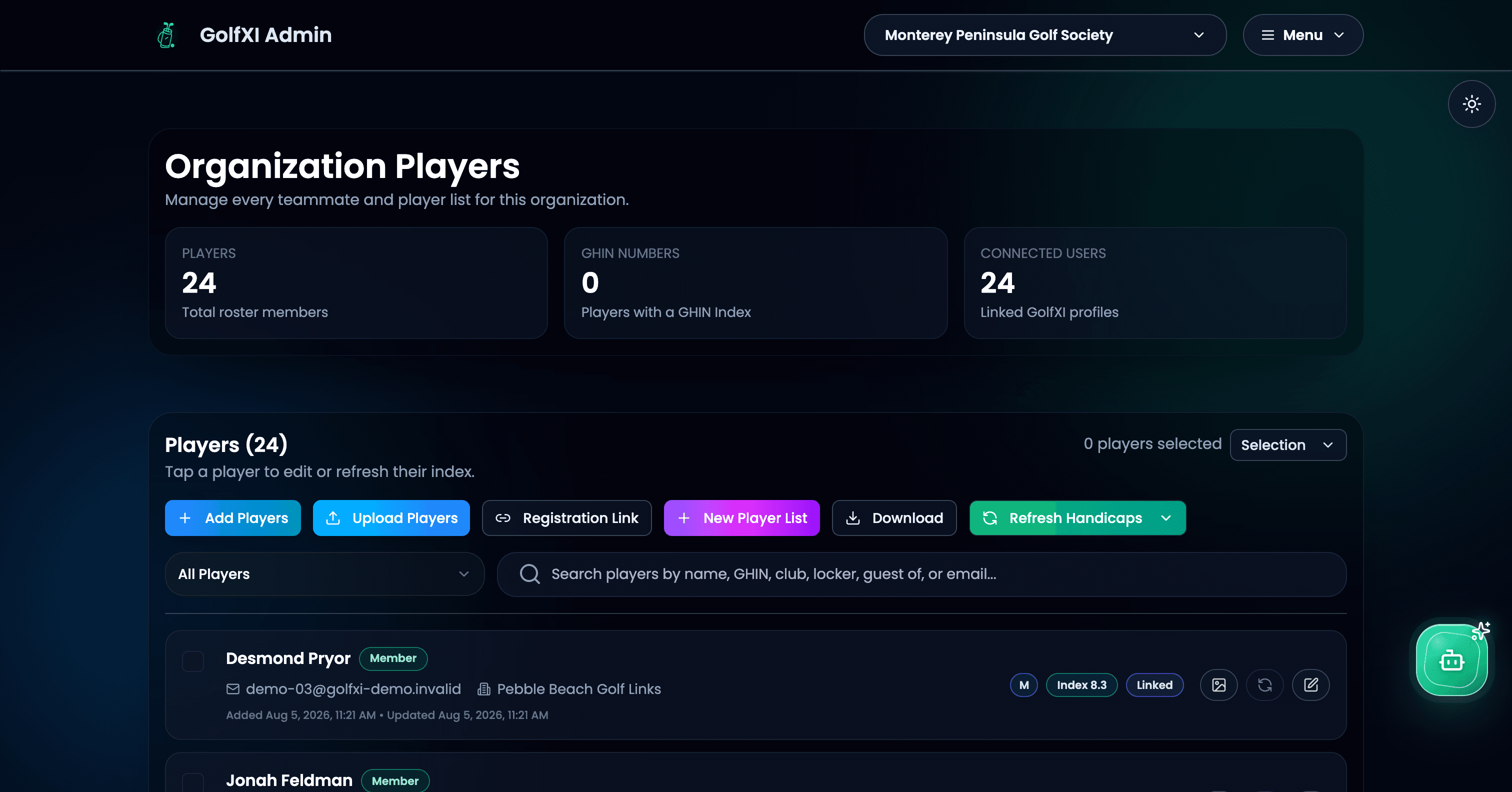 GolfXI admin dashboard screenshot in dark mode