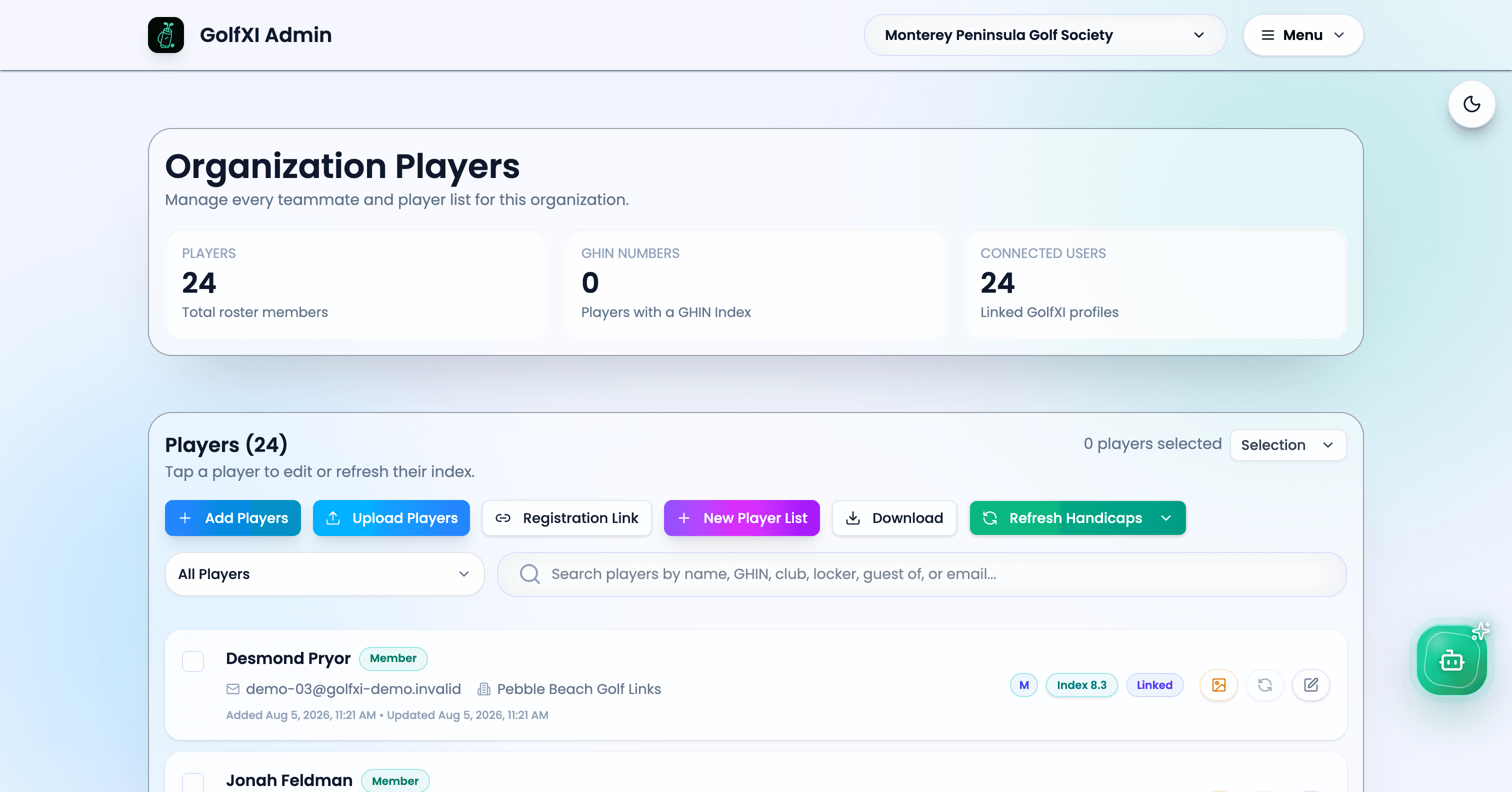GolfXI admin dashboard screenshot in light mode