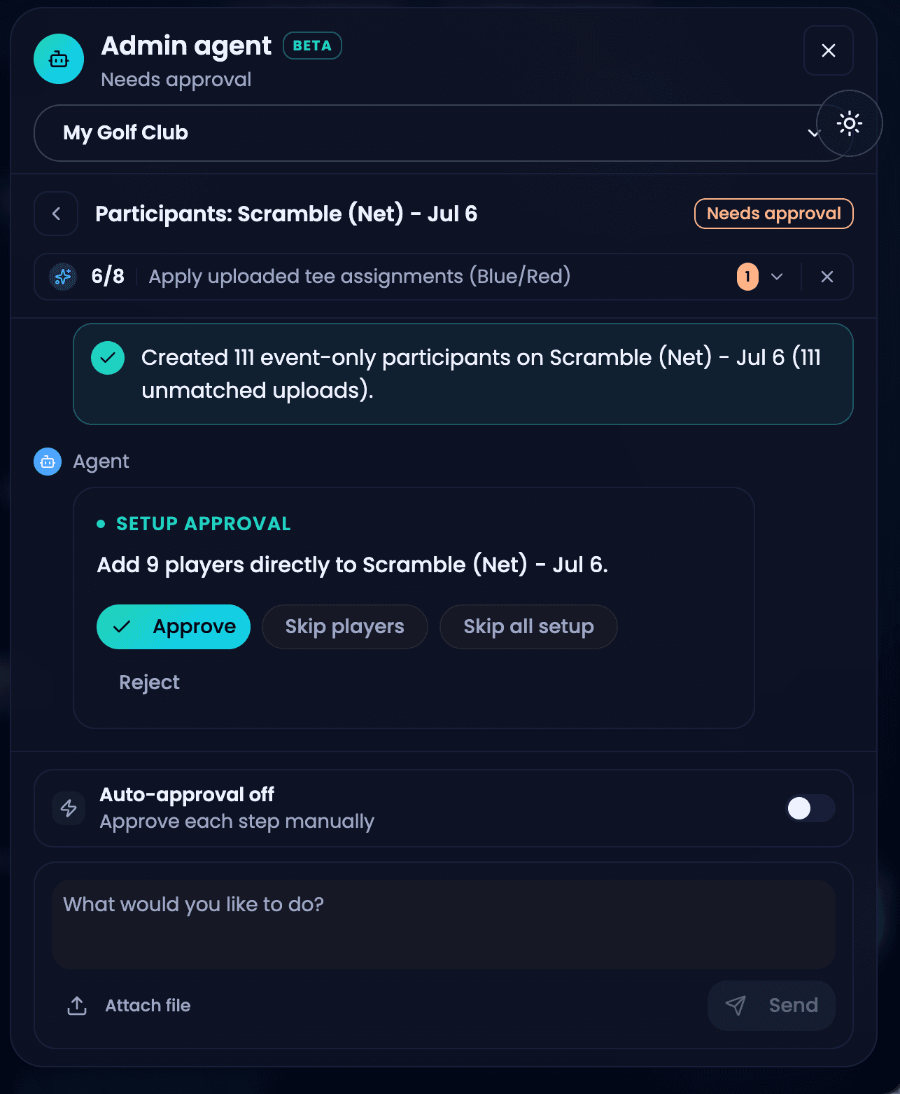 GolfXI agent approval screenshot in dark mode