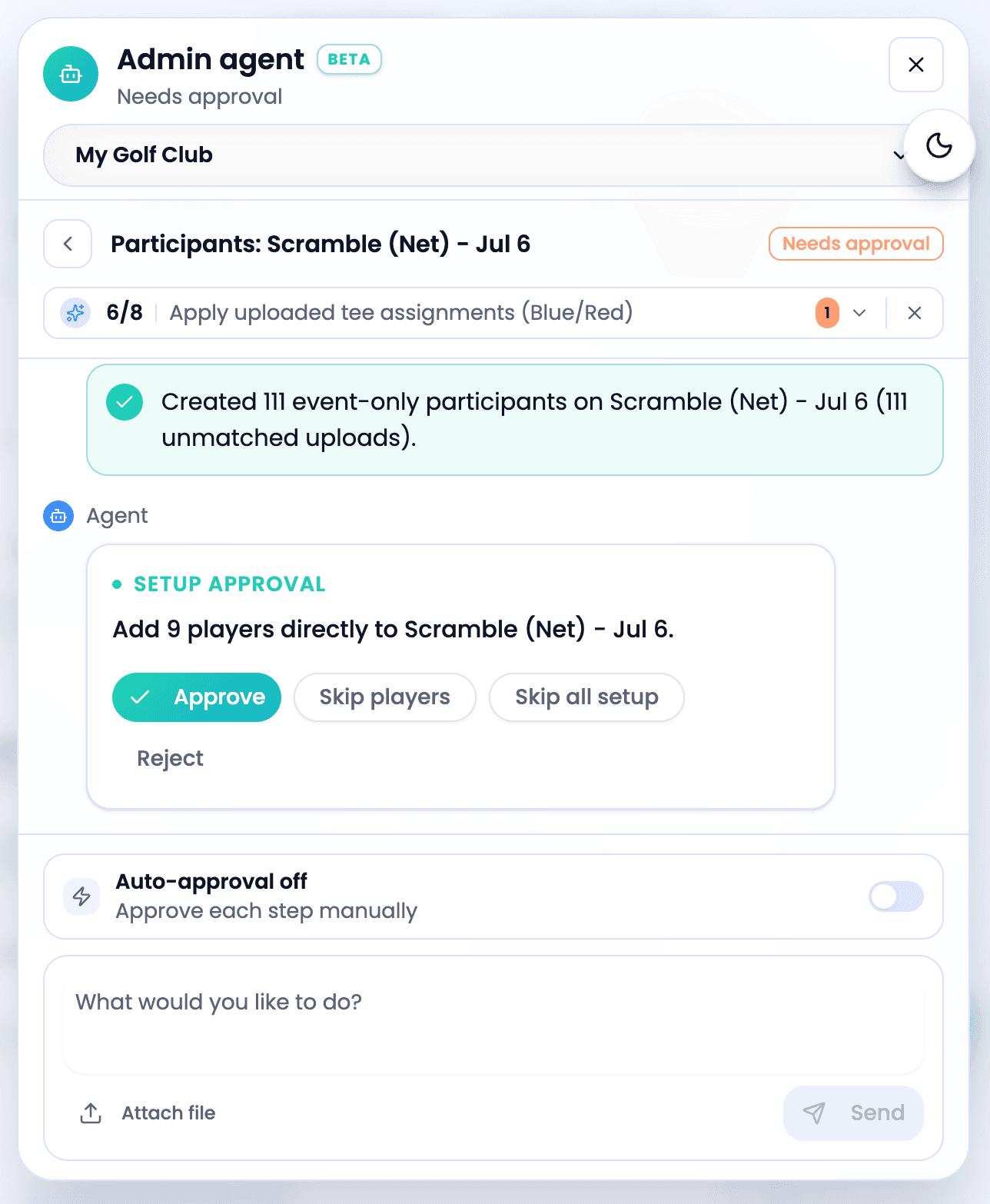 GolfXI agent approval screenshot in light mode
