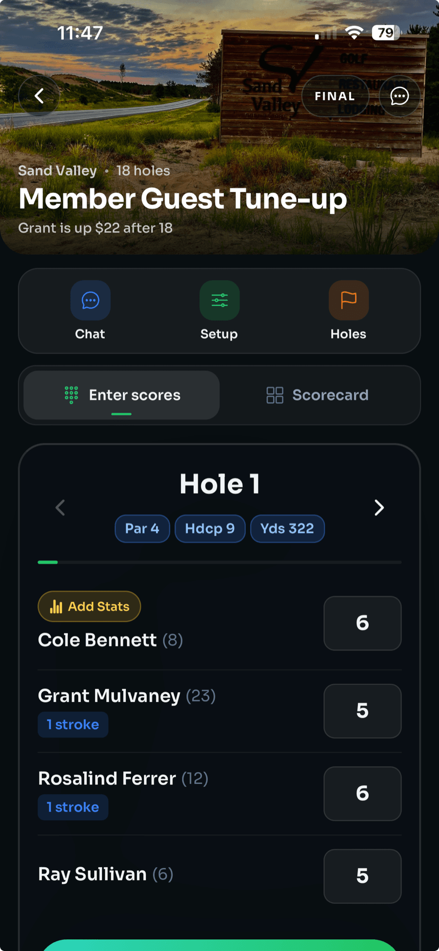 GolfXI iPhone app showing hole-by-hole score entry for a member-guest round at Sand Valley, with each player's handicap strokes beside their score