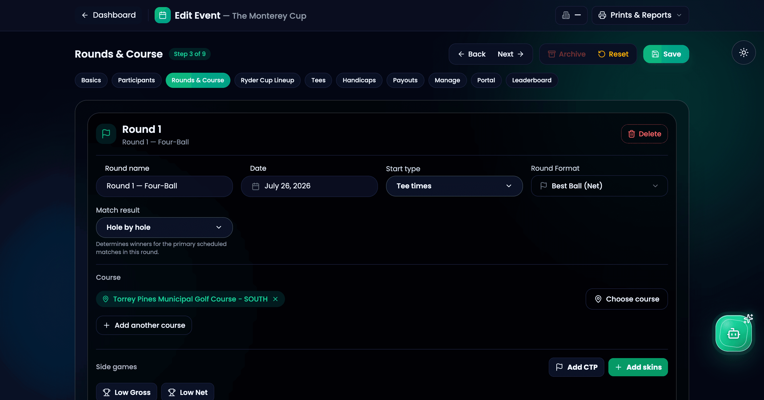 GolfXI event manage screenshot in dark mode