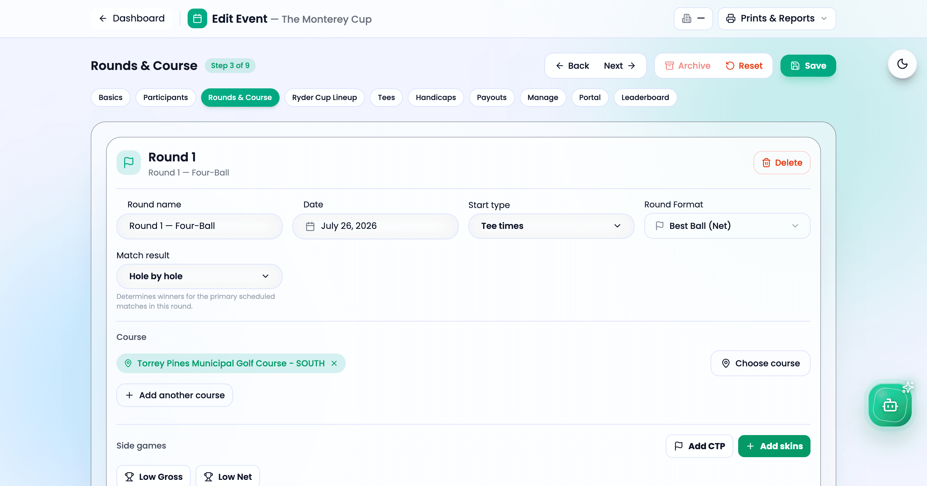 GolfXI event manage screenshot in light mode