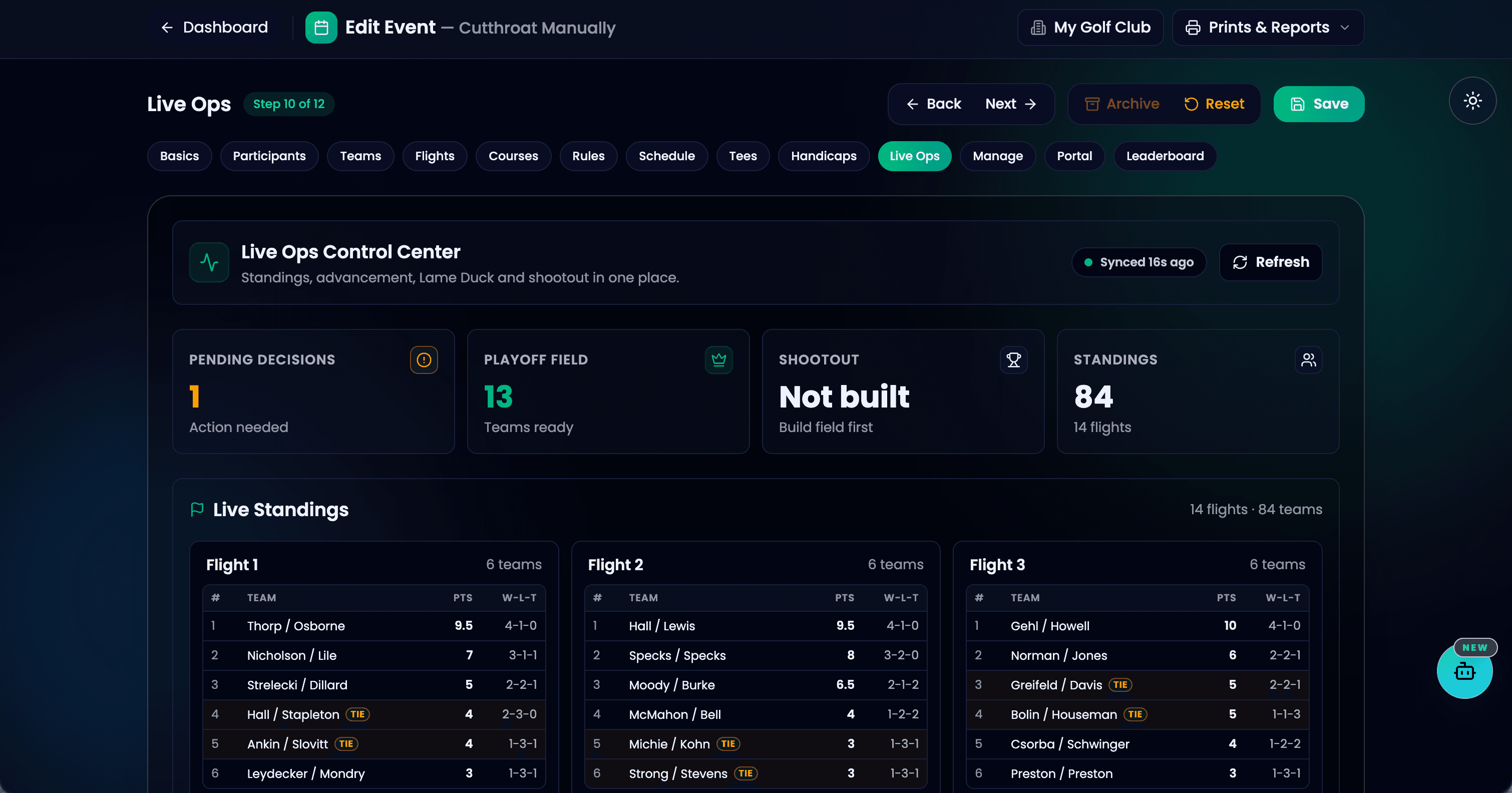 GolfXI member-guest live ops control center screenshot in dark mode