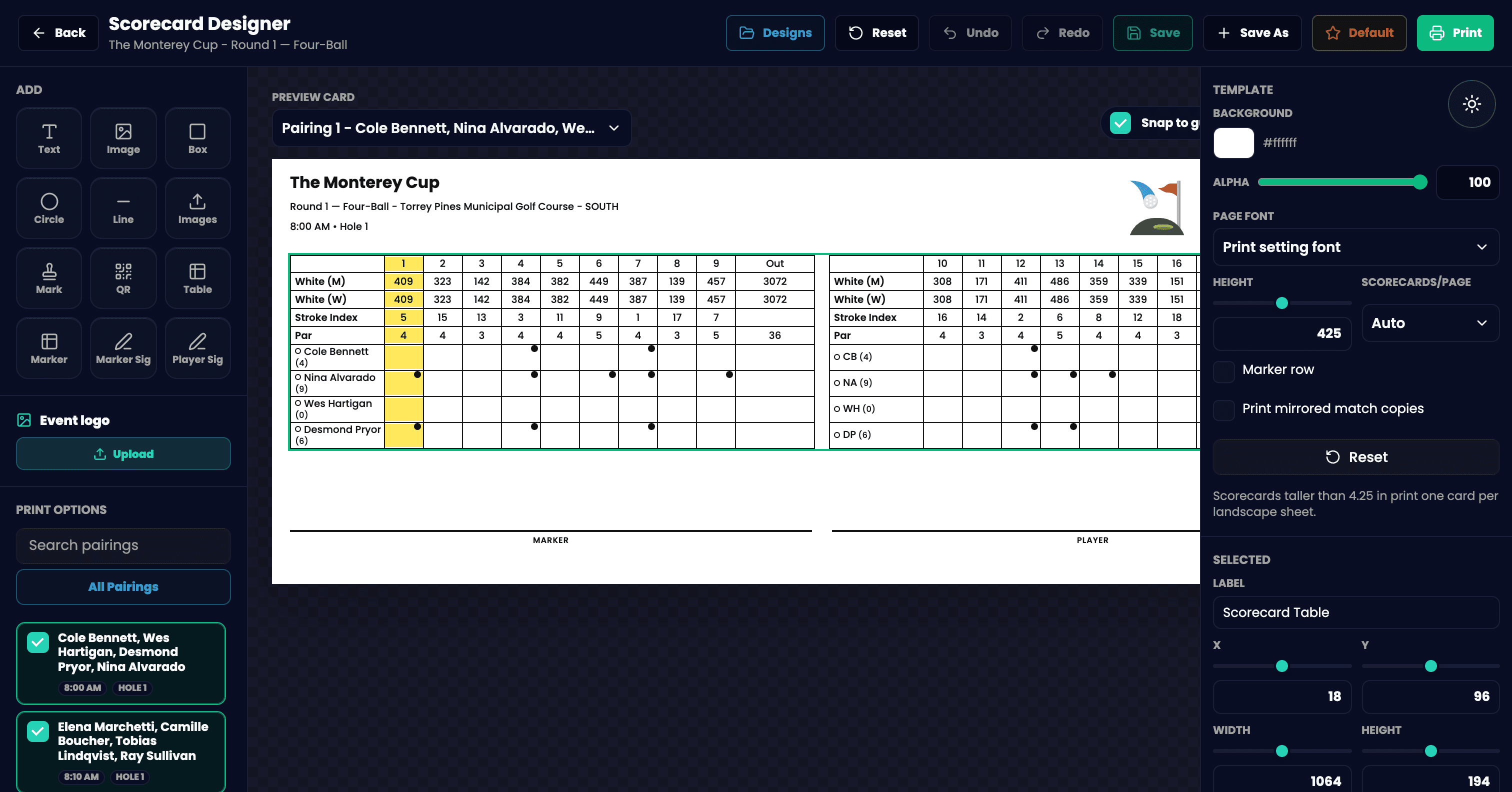 GolfXI scorecard designer screenshot in dark mode