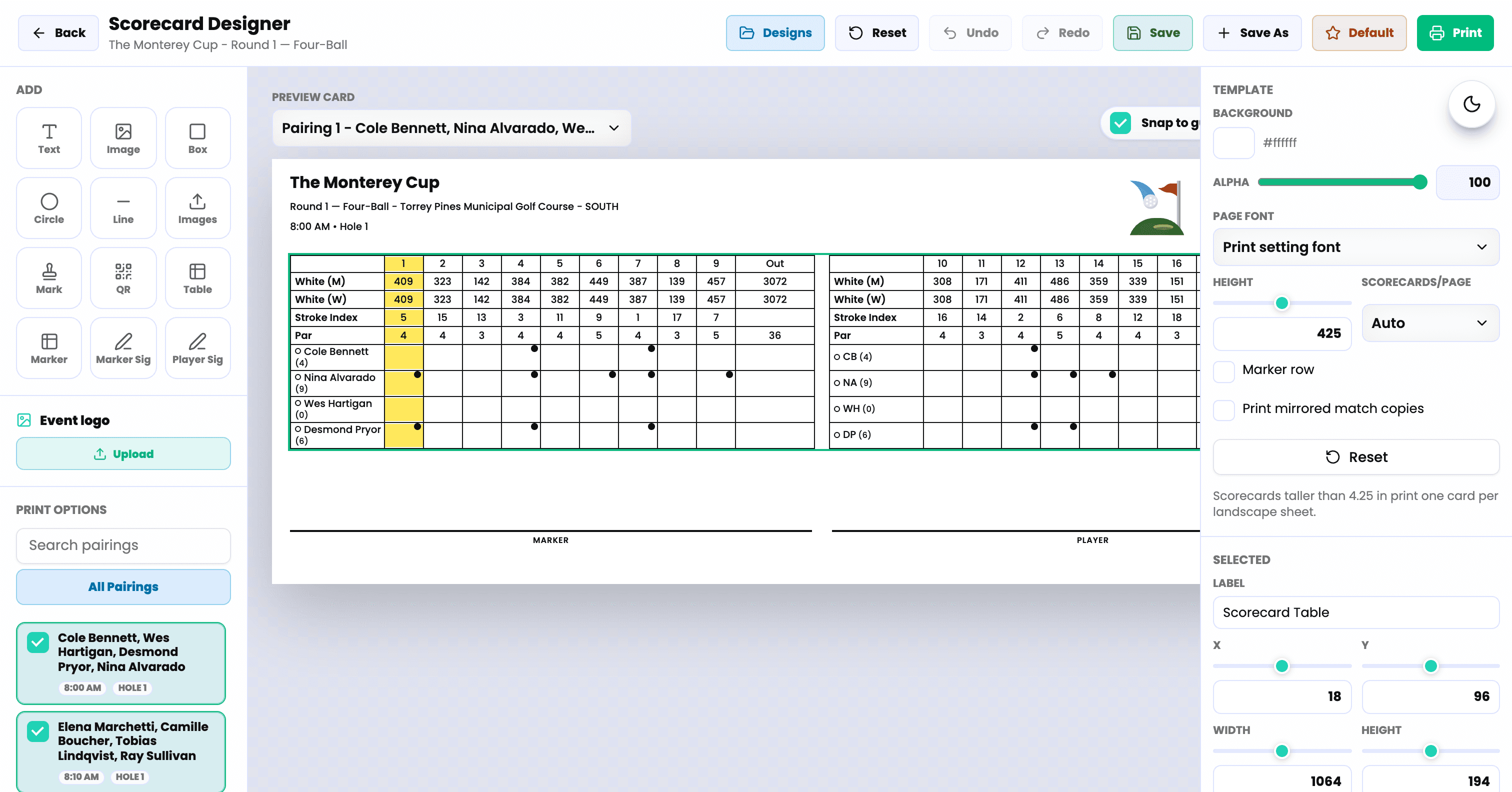 GolfXI scorecard designer screenshot in light mode