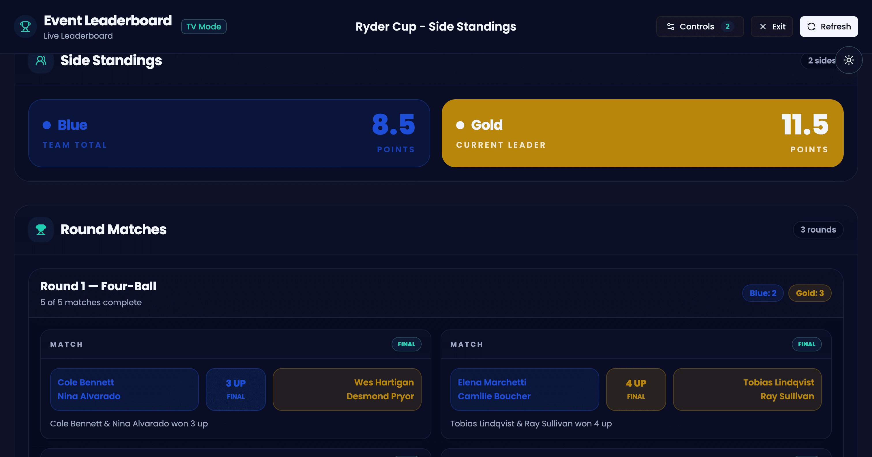 GolfXI TV leaderboard screenshot in dark mode
